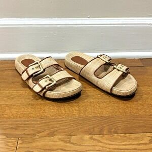 J.Crew Marlow Raffia Double Strap Buckle Chunky Slides Casual Sandals Sz 9.5